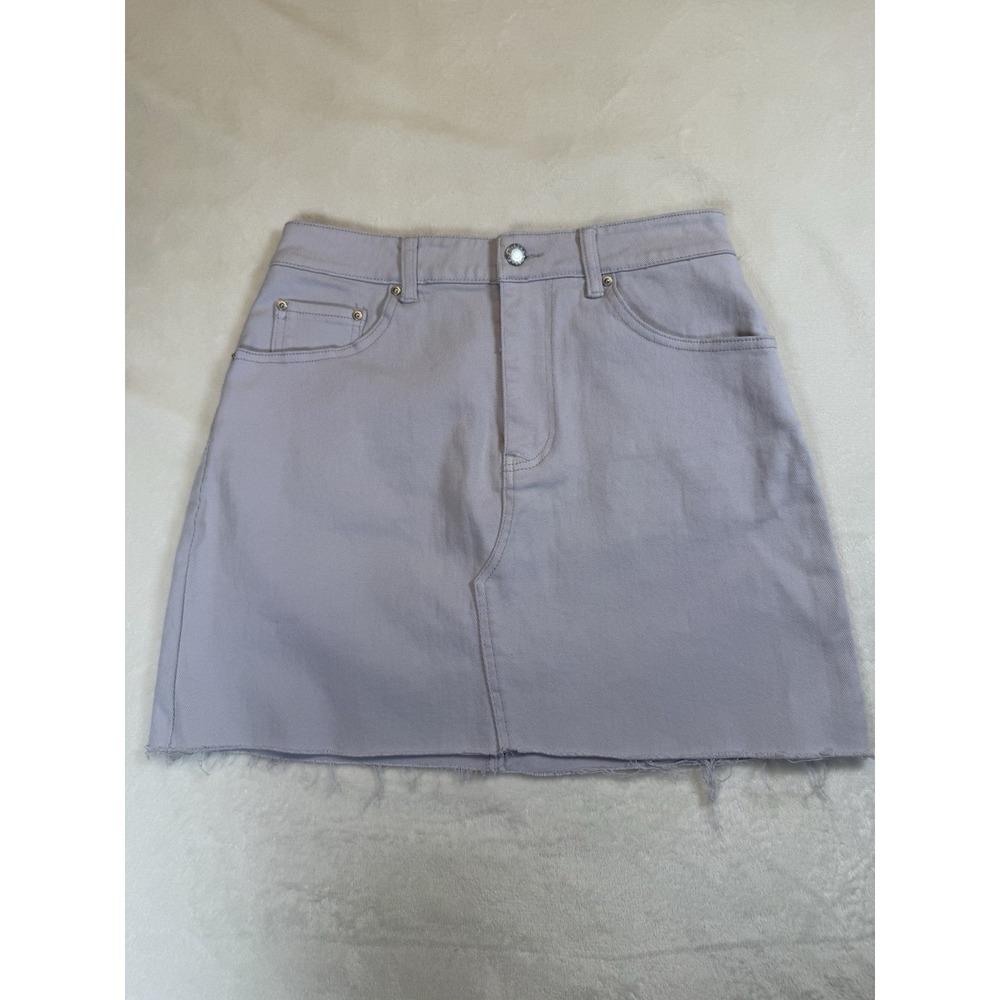NWT BCBGeneration Twill Denim Mini Skirt S Lavender Gray Raw Hem $78 Flaw